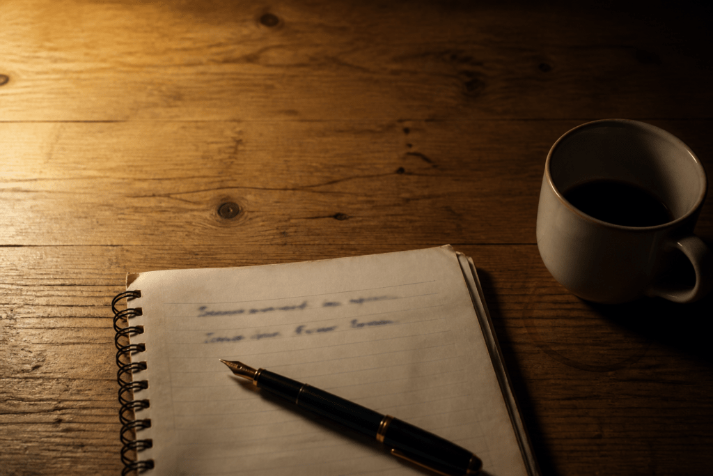 Notebook, pen and coffee on a kitchen table while deciding if a side income is worth it