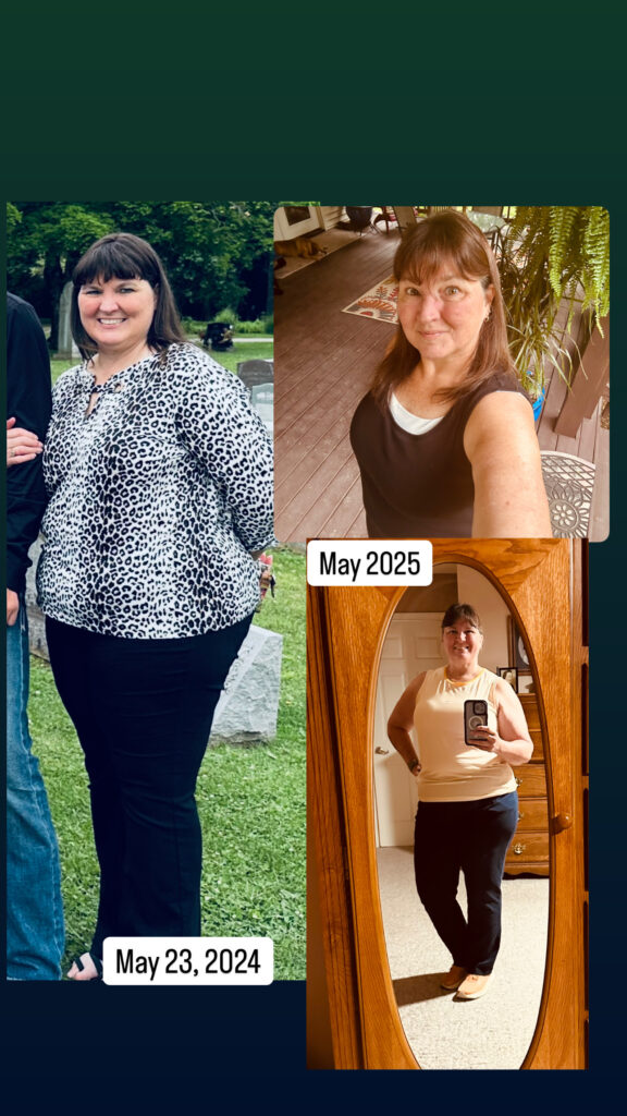 Wellness transformation at 59 showing reduced inflammation and improved strength from May 2024 to May 2025.