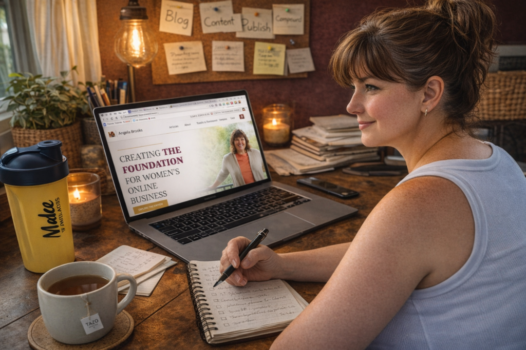 Woman blogger reviewing angelabrook.com website with tea and Make Wellness shaker — benefits of blogging for business — The Unpolished Guide