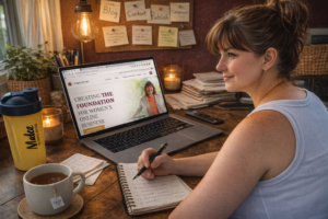 Woman blogger reviewing angelabrook.com website with tea and Make Wellness shaker — benefits of blogging for business — The Unpolished Guide