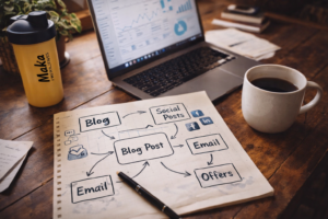 Content ecosystem diagram showing blog post connecting to social posts email and offers with Make Wellness shaker and analytics dashboard