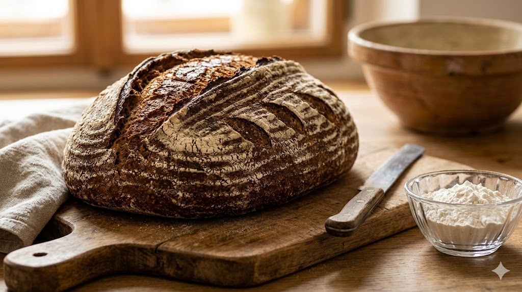 A freshly baked artisanal sourdough bread loaf on a rustic wooden board, representing a strong business foundation.