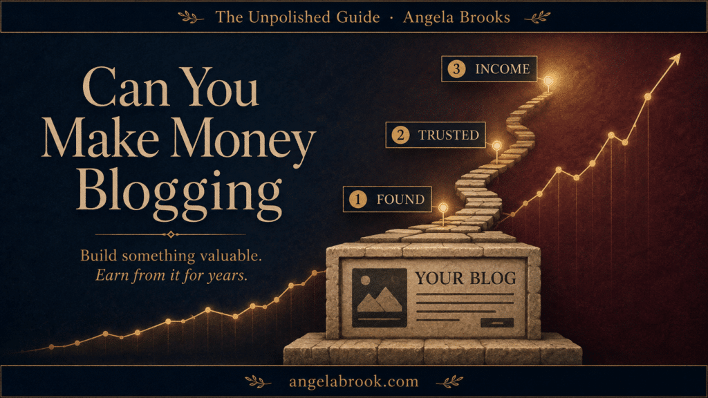 Illustration of a blog shown as a stone cornerstone with steps rising from found to trusted to income, showing how you can make money blogging