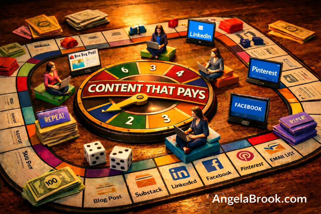 content duplication strategy board game showing blog post substack linkedin facebook pinterest and email list squares with women working on laptops and repeat cards