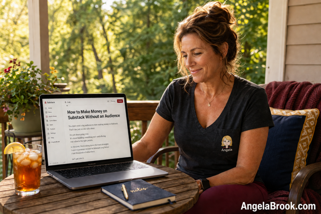 Woman in her 50s on a sunny porch writing a Substack post on a laptop, learning how to make money on Substack without an audience.