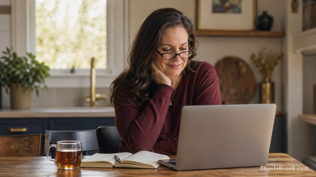 Woman at kitchen table learning how to start a blog and make money