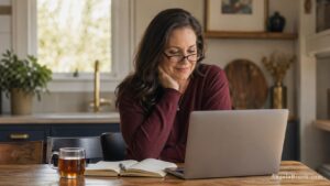 Woman at kitchen table learning how to start a blog and make money