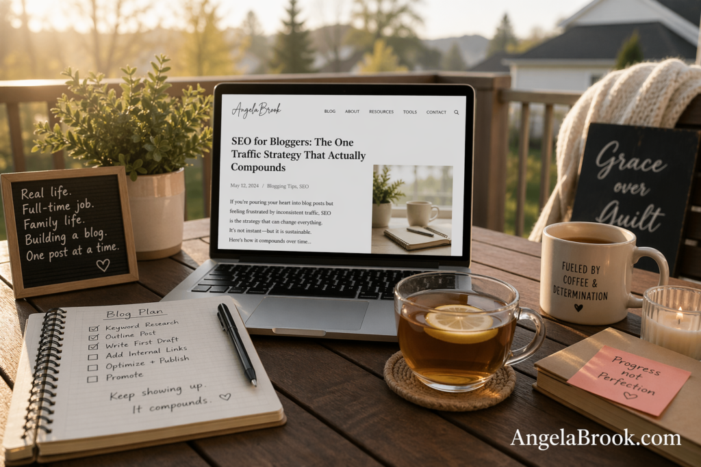 SEO for bloggers shown on a laptop screen at a warm kitchen table with a notebook and coffee mug, representing a mom working on her blog between full-time work and home life.