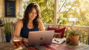 Woman at kitchen table writing a blog post on a laptop, phone face down, soft morning light, illustrating how to get blog traffic without social media