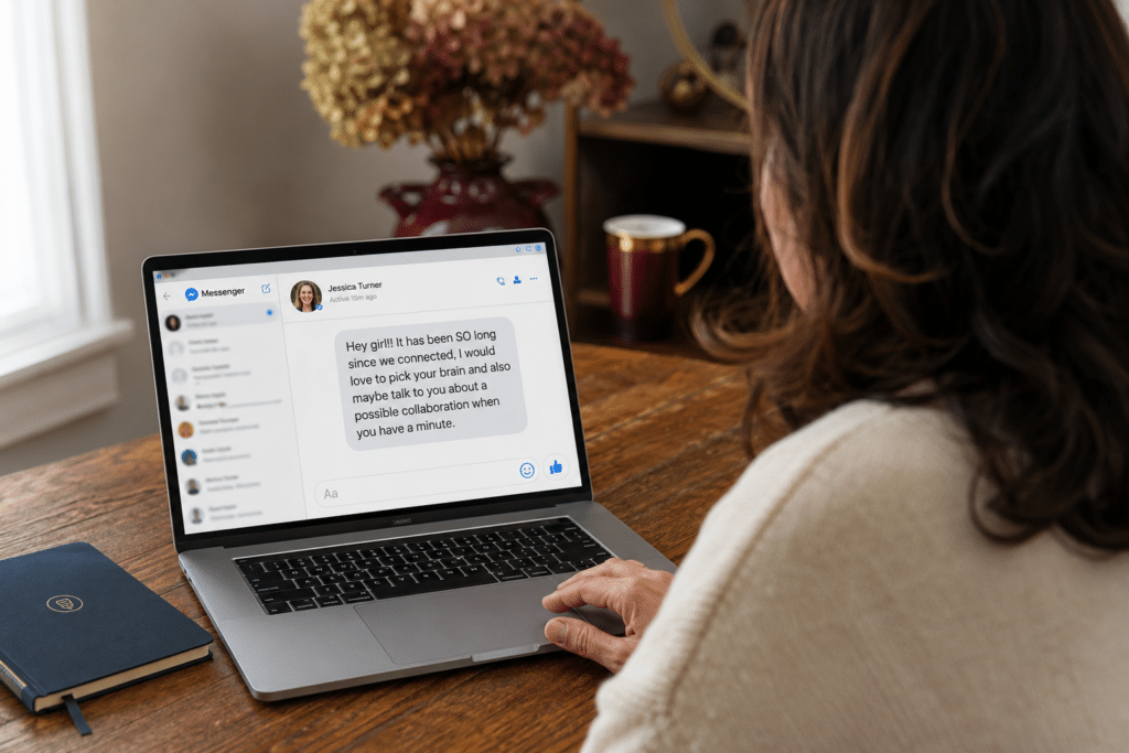 over-the-shoulder view of a woman reading a hey girl Facebook DM on her laptop, recognizing why she needs to build a digital business without cold outreach