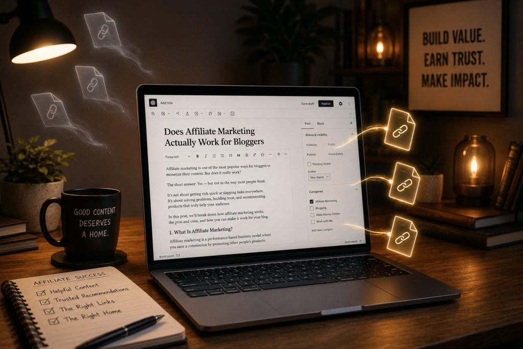 affiliate marketing for bloggers laptop with ghost link symbols floating
