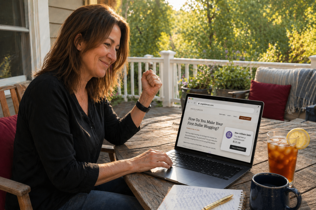 Woman in her 50s working on her first dollar blogging at a sunny outdoor porch table