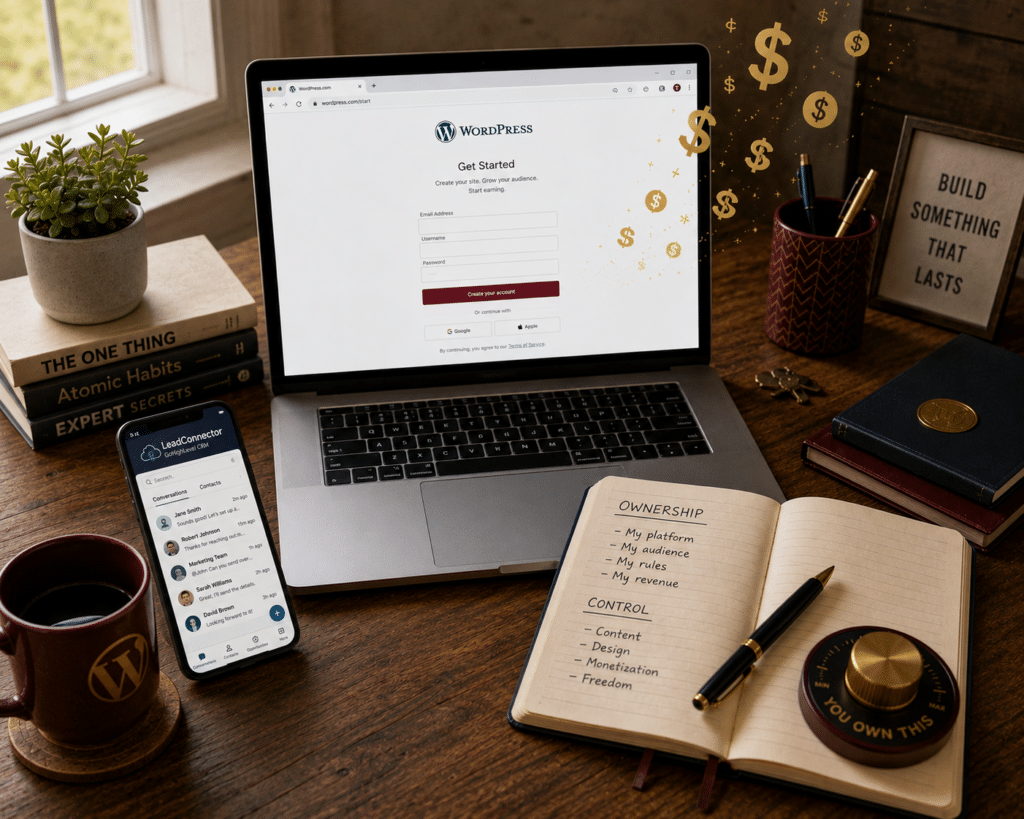 Best blogging platform to make money setup with WordPress on laptop and LeadConnector GoHighLevel app on phone showing ownership and control system