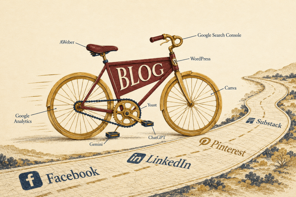 Illustration of the tools bloggers use shown as parts of a bicycle labeled BLOG, riding a road marked with social platforms
