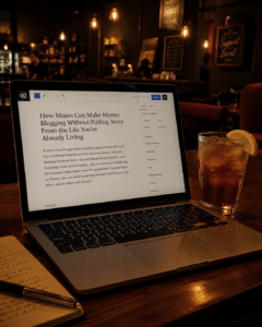 how moms can make money blogging from a laptop in a coffee shop showing The Unpolished Guide website on screen