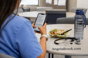 Nurse in scrubs writing a blog post on her iPhone during a lunch break, showing how to blog while working full time