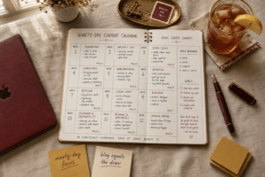 turn a blog into a business with a 90-day content plan written out in a Georgia-serif notebook