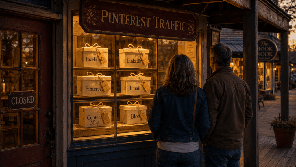 Pinterest traffic for bloggers shown as a lit country store window of labeled gift boxes for Facebook, LinkedIn, Pinterest, Email, Content Map and a blog