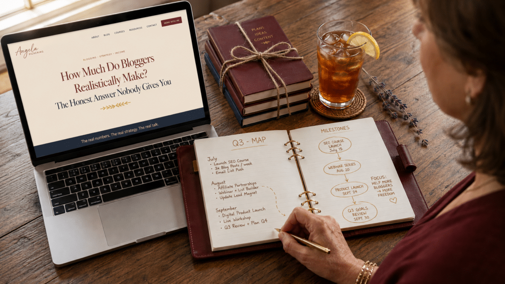 What bloggers realistically make depends on structure, not luck, shown through Angela Brooks at her writing desk with notebooks and planning materials.