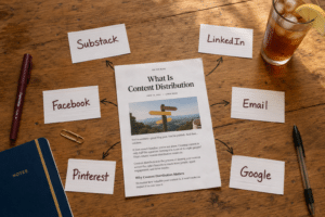 content distribution for bloggers shown as one blog post moving out to six platforms