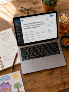 Digital marketing for stay-at-home moms overhead workspace with laptop notebook and iced tea