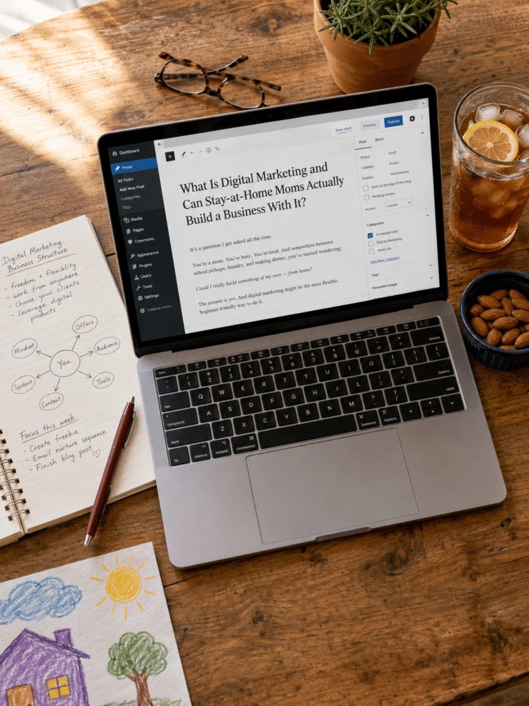 Digital marketing for stay-at-home moms overhead workspace with laptop notebook and iced tea