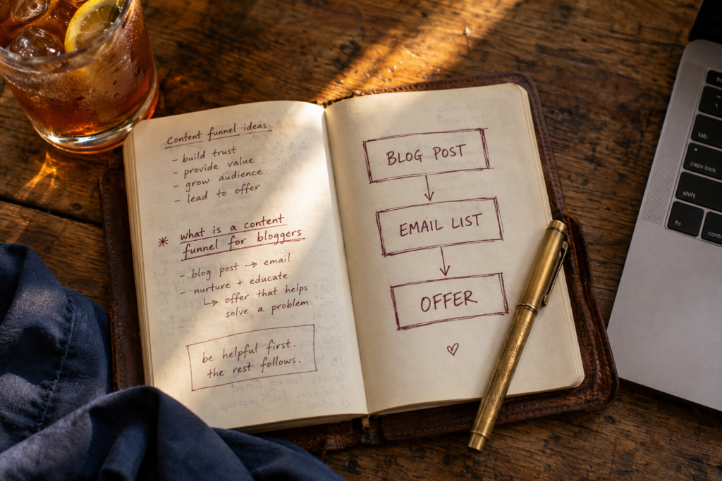Hand-drawn content funnel for bloggers diagram in a notebook showing the three stages: blog post, email list, and offer