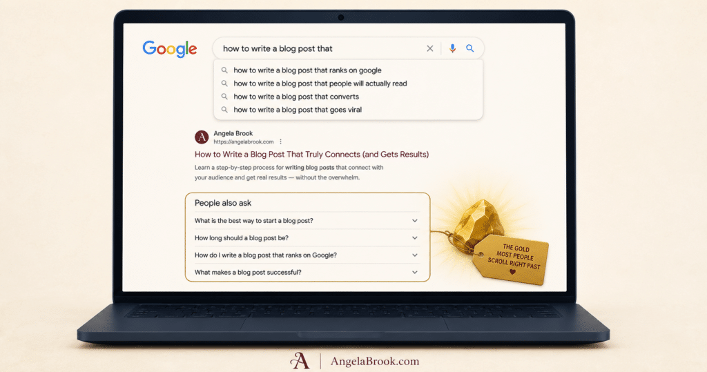 Laptop showing a Google search for how to write a blog post that ranks, with the People Also Ask box marked by a gold nugget
