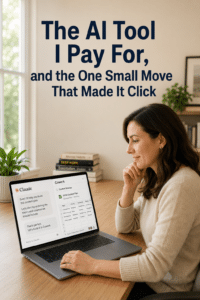 Beginner blogger using AI tools for bloggers on a laptop at a home desk with tea