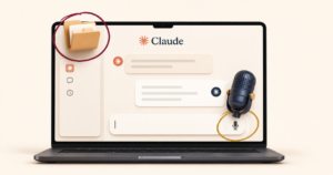 The Claude app on a laptop with the microphone and Projects circled, showing how to keep your voice with AI