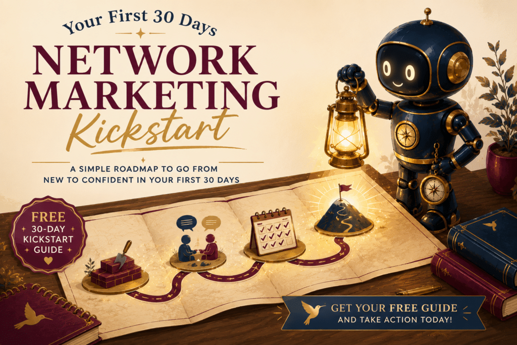 Illustrated roadmap showing a friendly robot guide with a lantern leading the way through the first 30 days of a network marketing business, with milestones representing building a foundation, making connections, staying consistent, and reaching a goal.
