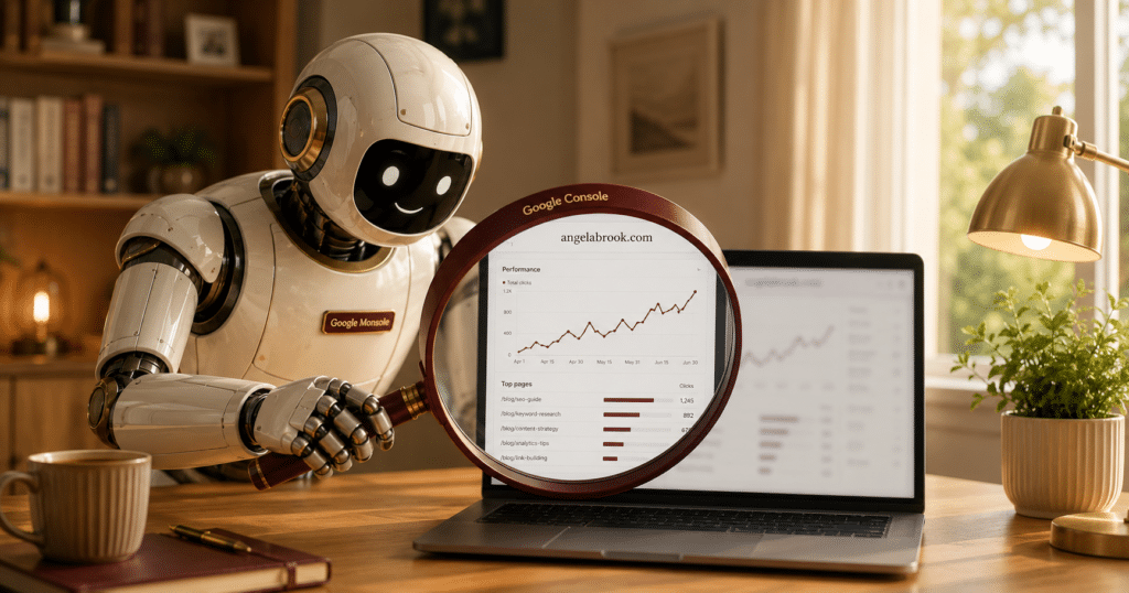 A robot reading a Google Search Console performance report through a magnifying glass, showing how to read Google Search Console data for a blog.