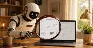 A robot reading a Google Search Console performance report through a magnifying glass, showing how to read Google Search Console data for a blog.