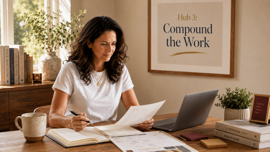 A woman reviewing her content analytics and notes at a wooden desk in soft natural light — a visual guide for how to compound a blog into real income.