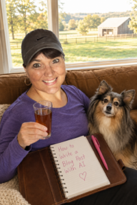 Woman holding a cup of tea beside her dog, with a notebook that reads How to Write a Blog Post With AI