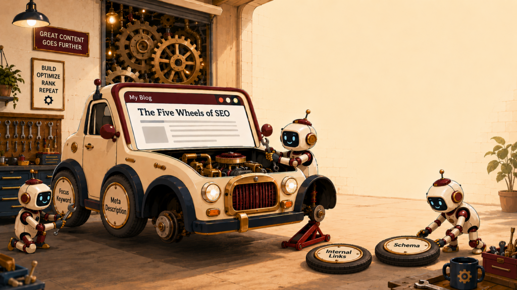 Illustration of how to set up a blog for SEO, shown as a cream car with a browser-window windshield reading My Blog, while friendly robots install wheels labeled focus keyword, meta description, schema, and internal links.