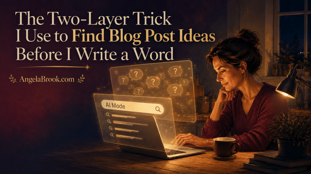 woman at a laptop using Google autocomplete to find blog post ideas