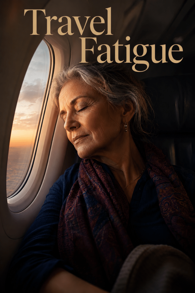 Tired woman resting at an airport gate, an example of travel fatigue after a long trip