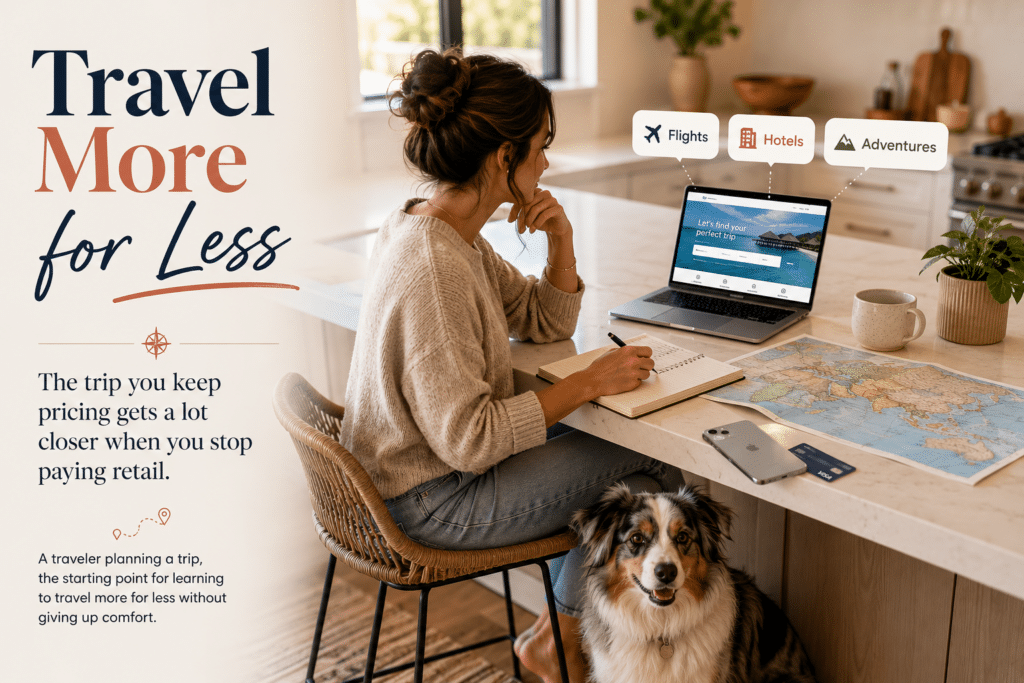Woman planning a trip with a notebook and phone, learning to travel more for less