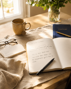 consistent income from a blog shown as a notebook structure plan at a kitchen table