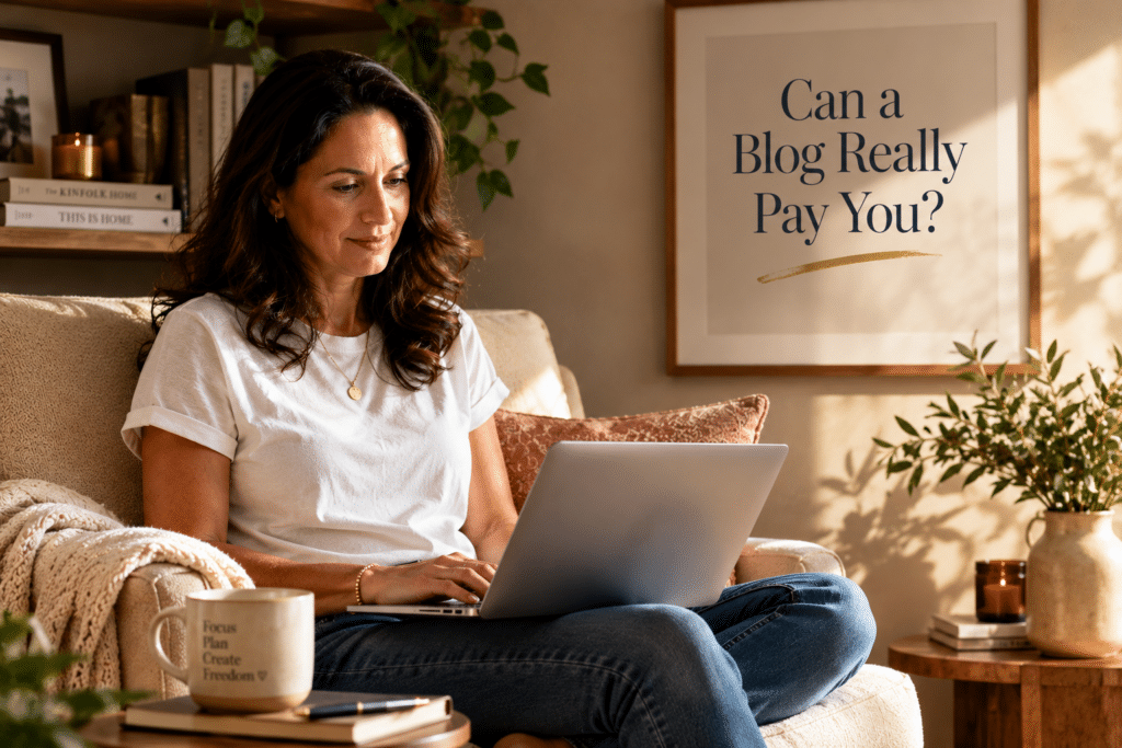 Woman reading the Hub 1 page on whether a blog can really pay you on her laptop with a cup of tea.