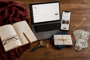 Get paid to write about your life: handwritten journal, laptop blog editor, Substack on a phone, a tied stack of email envelopes, and cash on a wooden desk.