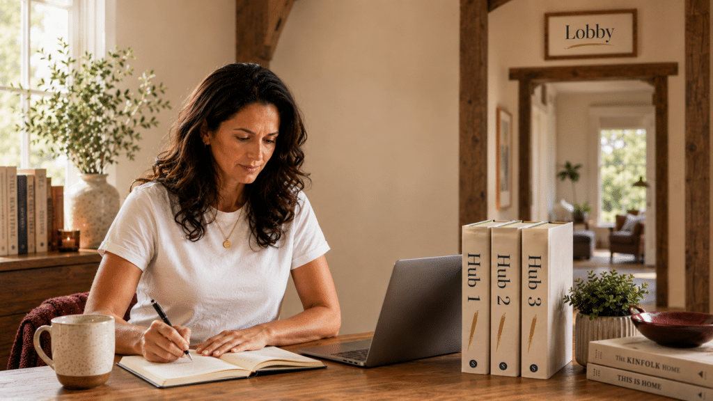 A woman writing at a desk in front of a Lobby doorway with three numbered books labeled Hub 1, Hub 2, Hub 3, illustrating how to build a blog that compounds into real income.