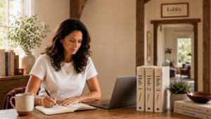 A woman writing at a desk in front of a Lobby doorway with three numbered books labeled Hub 1, Hub 2, Hub 3, illustrating how to build a blog that compounds into real income.