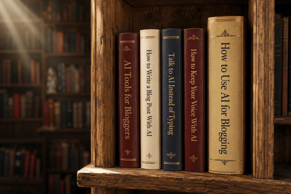 Five labeled book spines on a library shelf showing how to use AI for blogging, with the gold anchor book titled How to Use AI for Blogging