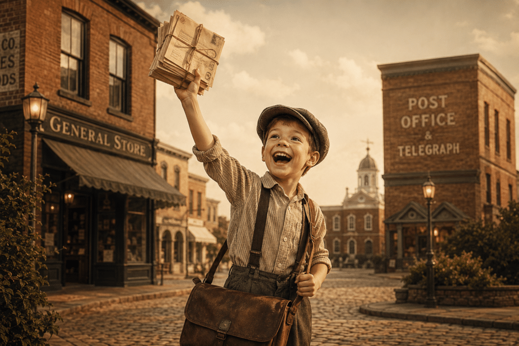 young boy dressed as an old-fashioned newsboy holding up envelopes, selling to your email list like they used to sell papers