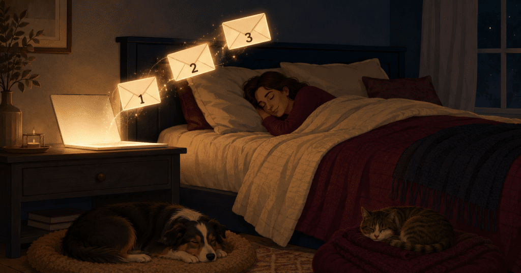 Welcome email sequence sending three numbered emails from a glowing laptop at night while a woman sleeps, a dog on the floor and a cat at the foot of the bed