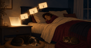 Welcome email sequence sending three numbered emails from a glowing laptop at night while a woman sleeps, a dog on the floor and a cat at the foot of the bed