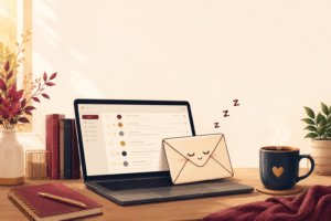 Sleepy envelope character asleep on a desk beside a laptop, showing a quiet email list waking back up