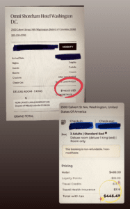 MWR Life review showing the same Washington DC hotel booked at retail versus the lower member price